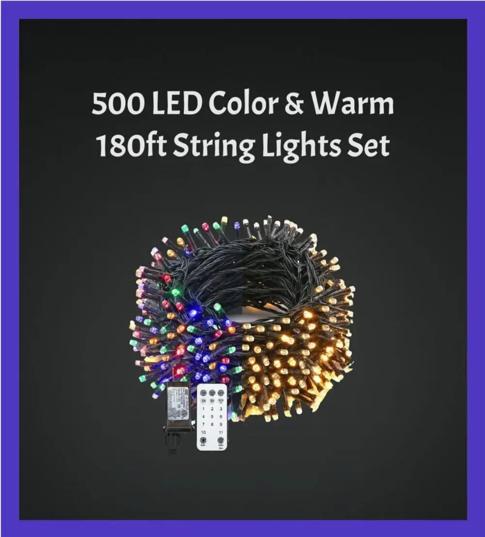 500 LED Lights 11 Modes Warm and Multi-Color 180ft Strand with Remote Timer